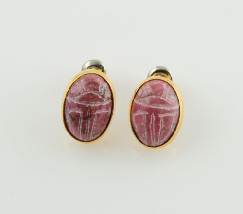 14kt Gold Hge Genuine Rhodonite Scarab Stud Earrings  