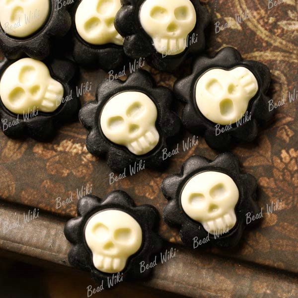 10 Black White Resin Skull Flower Flatback Cabochon Cameo 16.5x16mm 