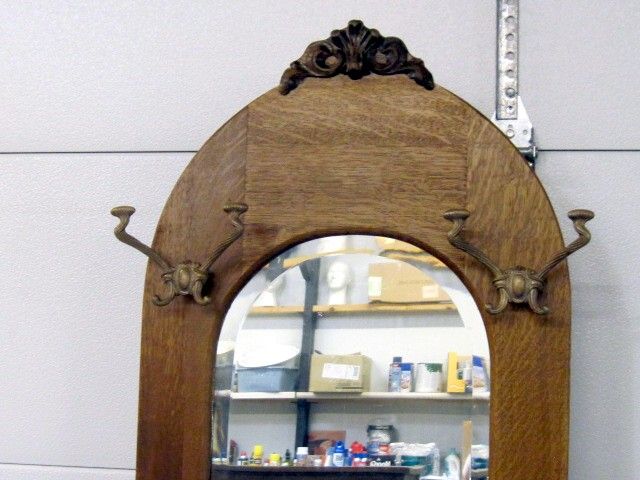 Antique Arts & Crafts Bench Hall Tree with Bevel Mirror  