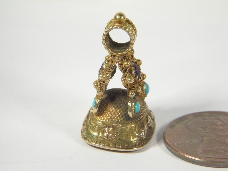 ANTIQUE 15K GOLD TURQUOISE AMETHYST SEAL FOB c1830  