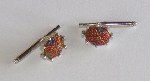 VINTAGE RED GLASS TUXEDO STUDS CUFF LINK SILVER METAL  