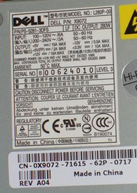 DELL 0X9072 X9072 280W POWER SUPPLY L280P 00 PS 5281 3DFS GENUINE 