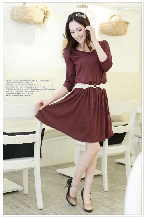 CHIC SHORT SLEEVE CREW NECK COTTON DRESS BURGUNDY S 1459  