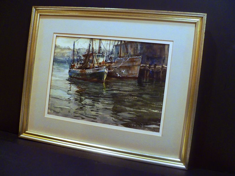 EARLY GLOUCESTER WHARF WATERCOLOR BY PAUL STRISIK N.A.  LISTED ARTIST 