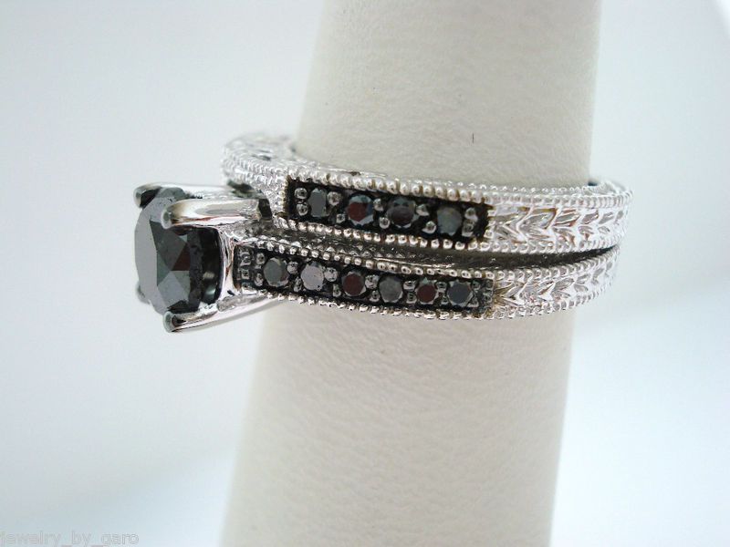   FANCY BLACK DIAMONDS ENGAGEMENT RING & WEDDING BAND SET 14K WG  