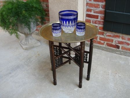 Antique English Wood Folding Incised BRASS TRAY Coffee Tea Table Asian 