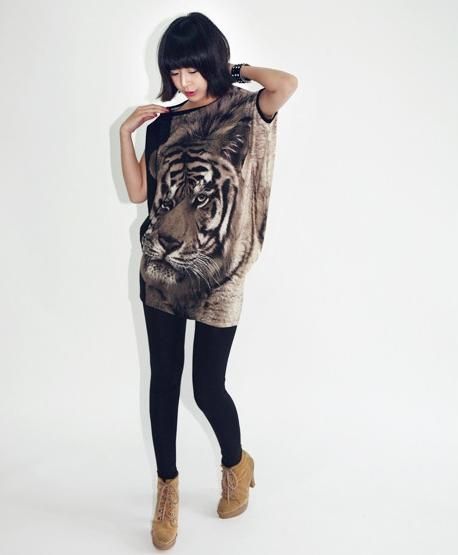 Womens Fashion T shirts Casual Tiger Printed Long LOOSE T Shirt Top 