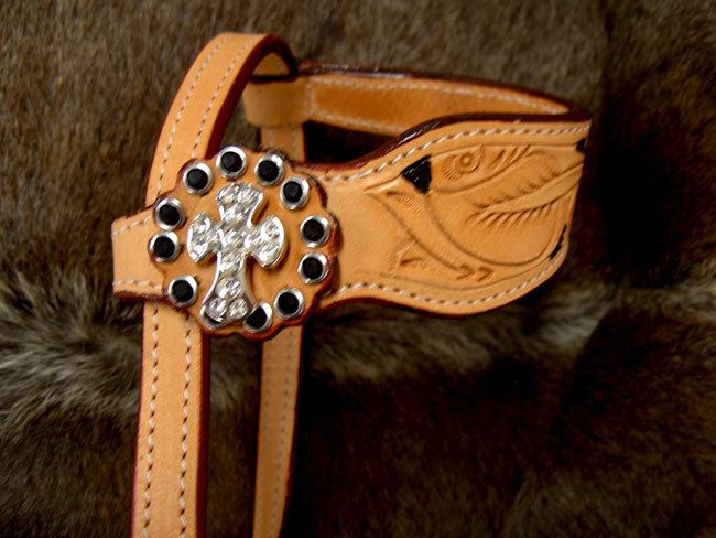 BRIDLE WESTERN LEATHER HEADSTALL TACK BLING BLACK CLEAR  