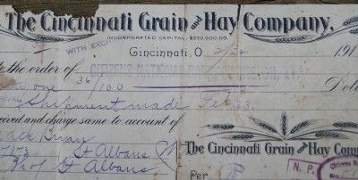 1917 Cincinnati Grain & Hay Co Bank Check Ohio OH  