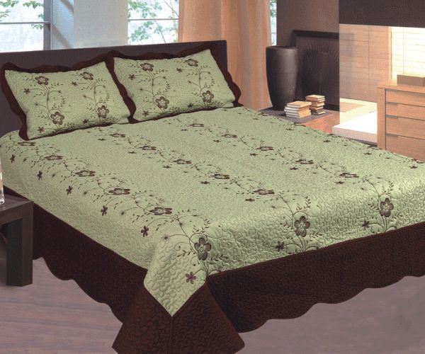 Sage, Brown Floral Embroidery 3Pc Bedspread, Quilt King Size Brand New 