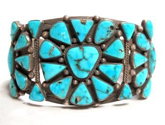 Circa 1920s Navajo Cluster Cuff Villa Grove Turquoise  