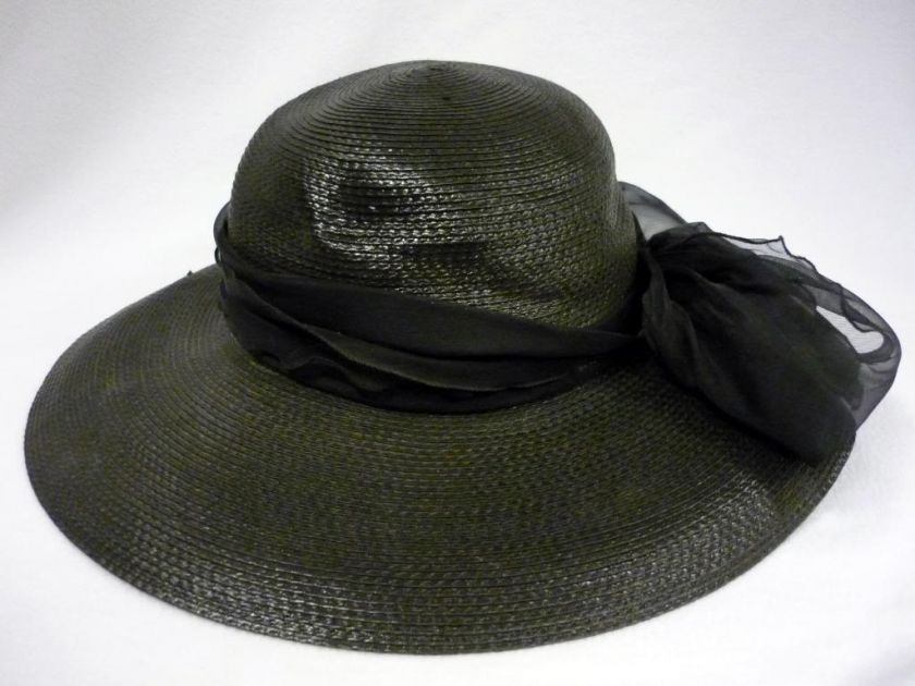 VINTAGE LADIES ARLIN FAUX STRAW HAT BLACK WIDE BRIM CHIFFON BOW  