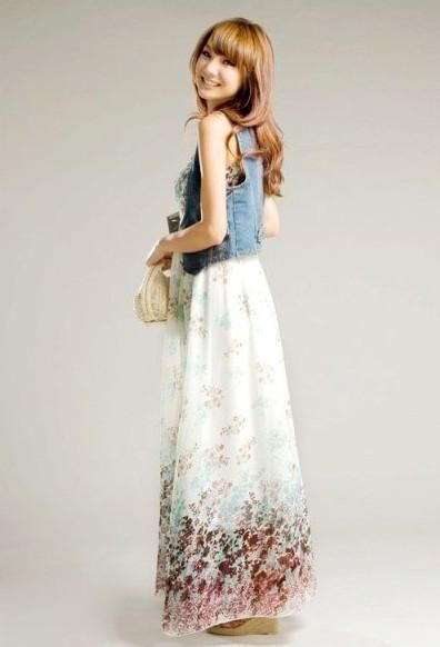   Summer White Chiffon Long Dress Floral Print Free Ship #5069  