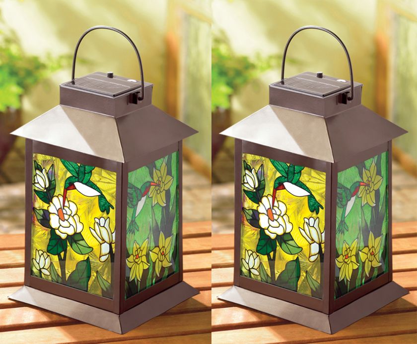 Set of 2 Solar Floral Lanterns Garden Decor Lights NEW  