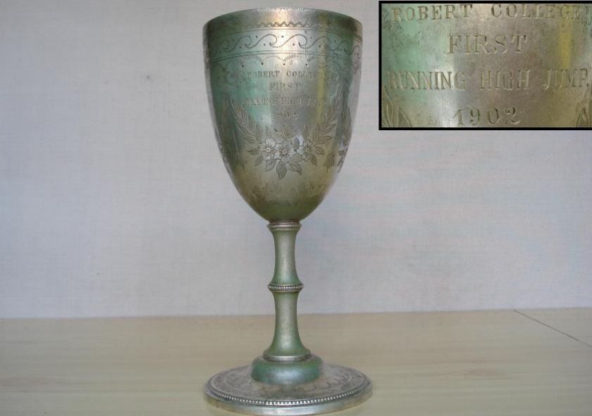 1902 SILVERED HIGH JUMP CUP TROPHY ROBERT COLLEGE WMFN  