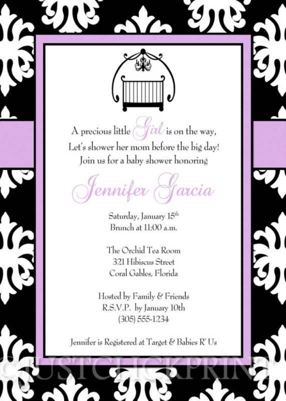 Damask Lavender Black Baby Shower Invitation   UPRINT  