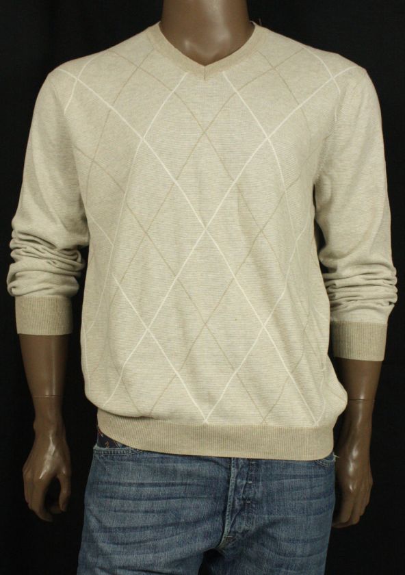 NEW PERRY ELLIS V NECK COTTON ARGYLE SANDBAR PULLOVER SWEATER L  