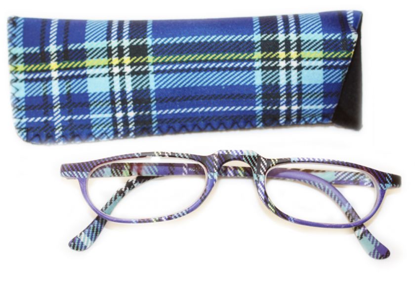 Reading Glasses Half Eye Fun BLUE TARTAN PLAID w/ case  