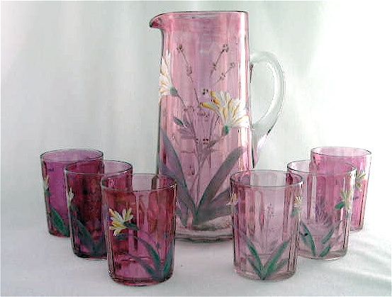 Enameled rose stained optic ribbed pitcher set, 7p EAPG  
