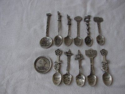 11 PEWTER SOUVENIER SPOONS 1 PEWTER PLAQUE VINTAGE  