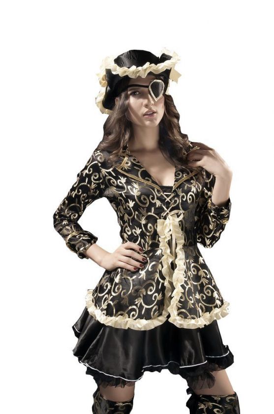 New Delux Ladies Black/Gold Pirate Fancy Costume Dress size M L  