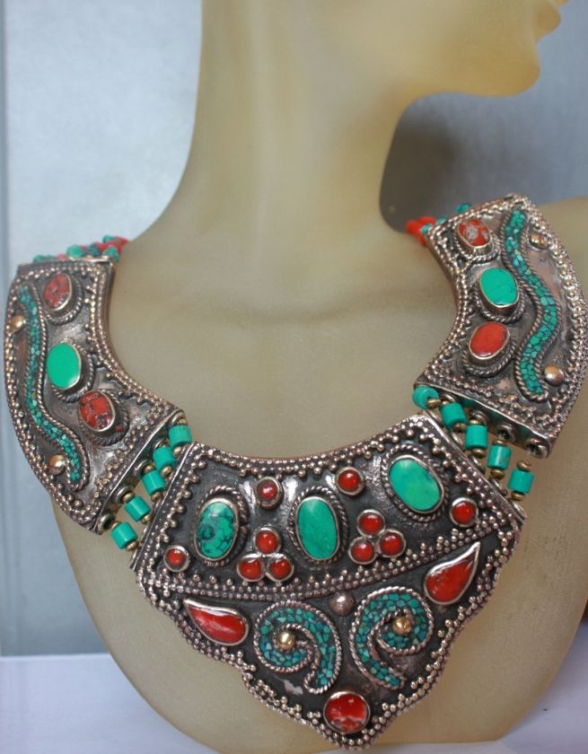 TL201 TIBETAN WHITE METAL CORAL TURQUOISE NEKCLACE  