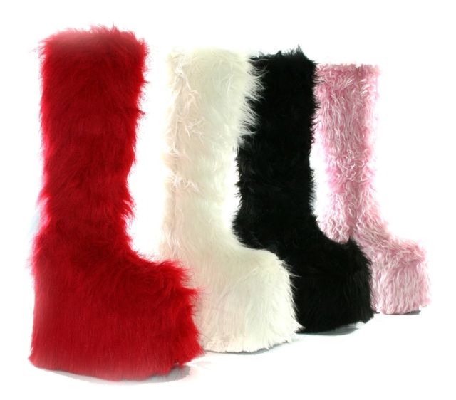   FURRY GOGO DANCER FLUFFIES SNOWMAN CHUNKY HEEL KNEE HIGH BOOTS  