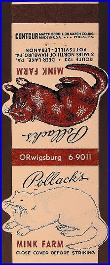 1950s Pollacks Mink Farm Contour Matchcover  Deer Lake (PA)  