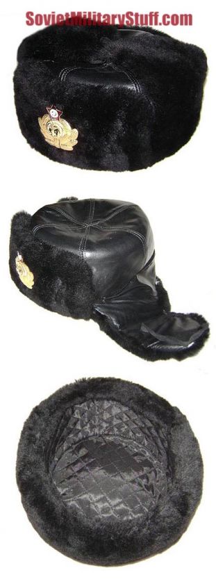 RUSSIAN MILITARY SOVIET NAVAL LEATHER FUR HAT USHANKA  