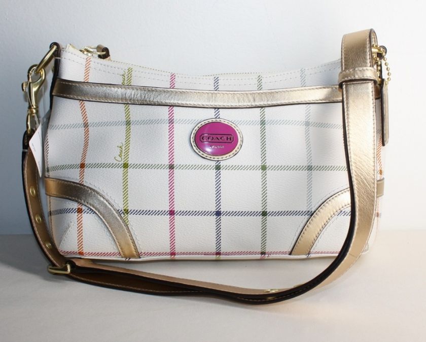 NWT $278 COACH HERITAGE TATTERSAL E/W DUFFLE BAG WHITE PINK GREEN 