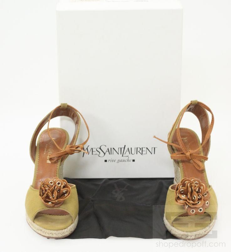   Laurent Olive Canvas & Tan Leather Trim Espadrille Wedges Size 38