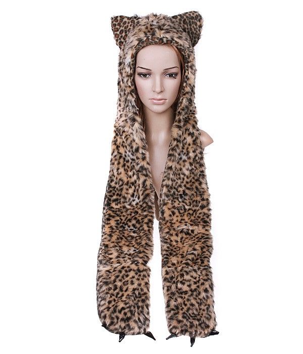 Cartoon Animal Leopard Cap Plush Soft Warm Hat Earmuff Scarf Dark 