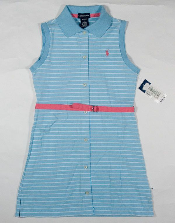 NWT RALPH LAUREN LIGHT BLUE STRIPE CLASSIC PINK POLO PONY DRESS NEW M 