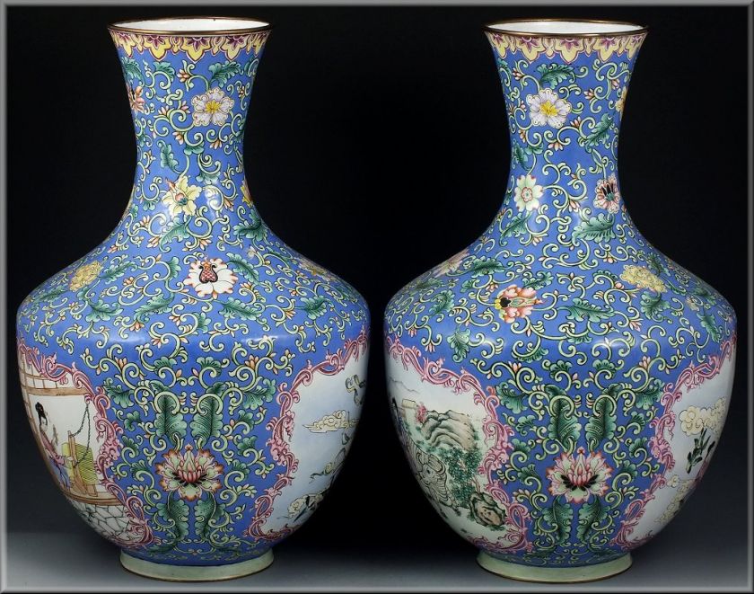 Large Pair of 19th Century Antique Chinese Enamel on Copper Vases 
