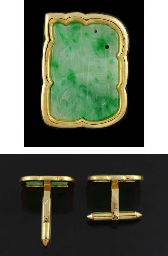 QUALITY MODERN CARVED JADE 18K YELLOW GOLD CUFFLINKS  