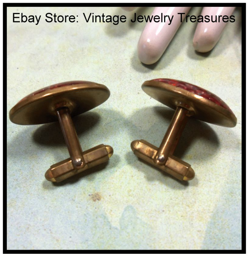 Antique Vintage Red Speckled Glass & Brass Cuff Links  