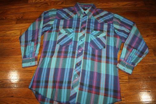 vtg 80s plaid WESTERN pearl snap shirt * COWBOY  