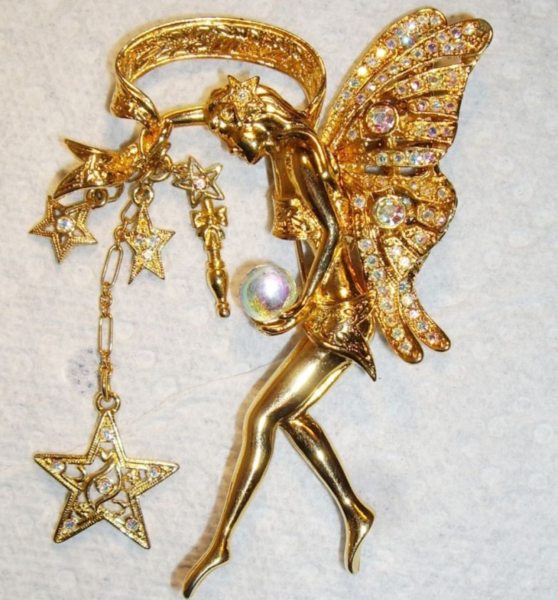 XL KIRKS FOLLY AB CRYSTALS STAR DANGLES FAIRY BROOCH  