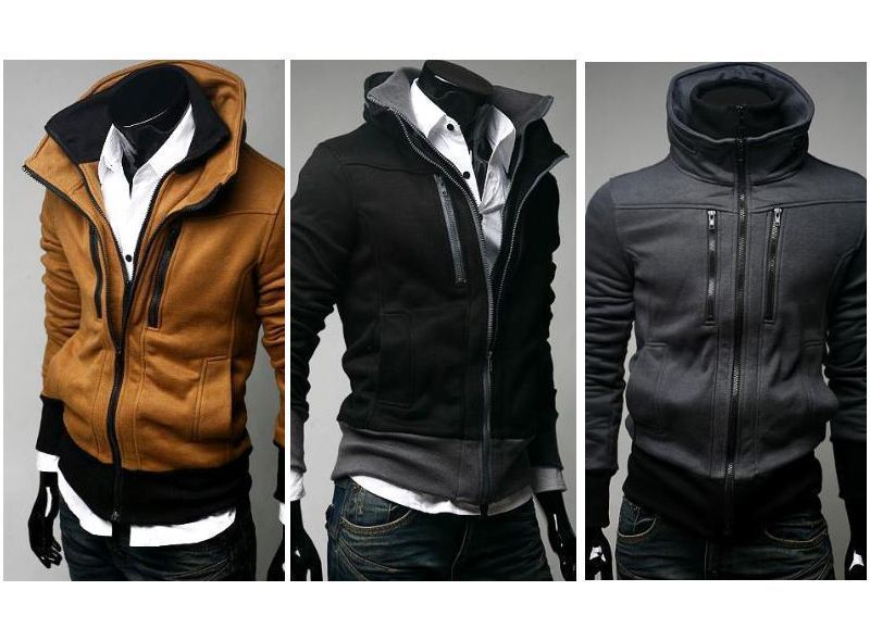 Men Double Collar Rider Style Causal Hoodie Jacket  