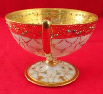 VINTAGE NIPPON HAND PAINTED JEWELED PEDISTAL CUP & SAUCER GOLD GILT 