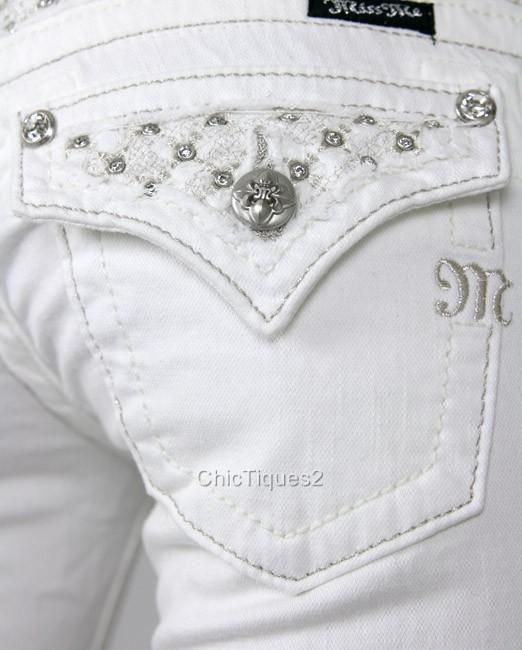 Miss Me Jeans Metallic Silver Rhinestone Yoke White Denim Skinny 