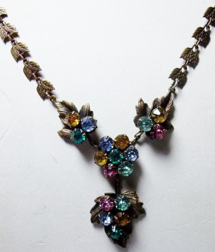 Czech Art Deco Rhinestone Flowers & Leaves Lavaliere Necklace 