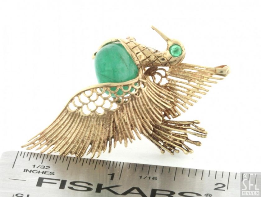 HEAVY 14K GOLD 12.0CT EMERALD SWAN DESIGNER PIN/BROOCH/PENDANT  