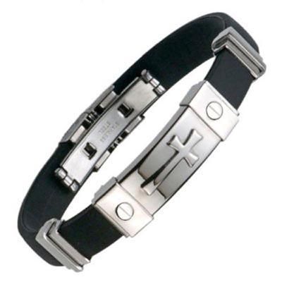 MENS Stainless Steel/Rubber Cross Bracelet Silver NEW  