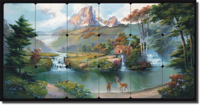 Bettiri Oriental Deer Mountain Art Tumbled Marble Mural  