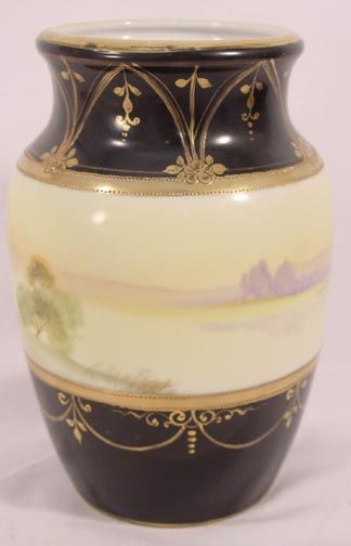 OLD GILT & HAND PAINTED NIPPON LANDSCAPE SCENE VASE  