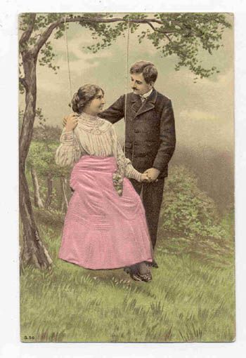 VICTORIAN COUPLE IN SWING SILK APPLIED POSTCARD PC2689  