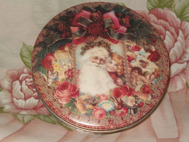 VICTORIAN COLLAGE COOKIE CANDY TIN~SANTA~ANGEL~CHERUB  