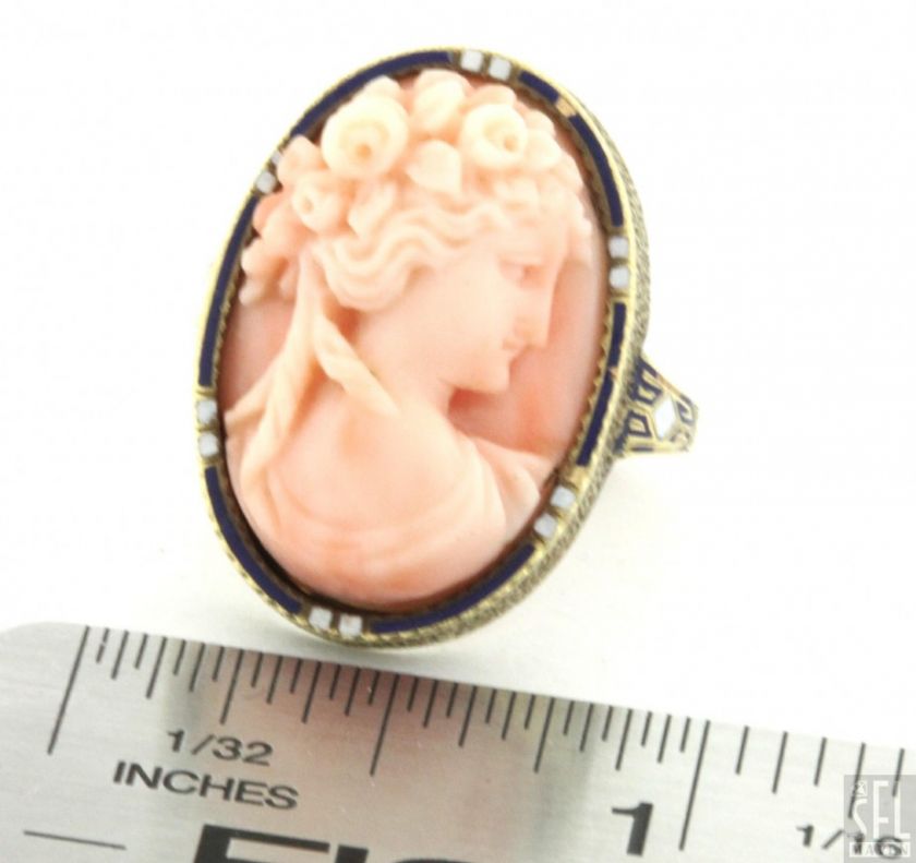  GOLD LOVELY HAND CARVED PINK CORAL CAMEO/ENAMEL RING SIZE 4.75  
