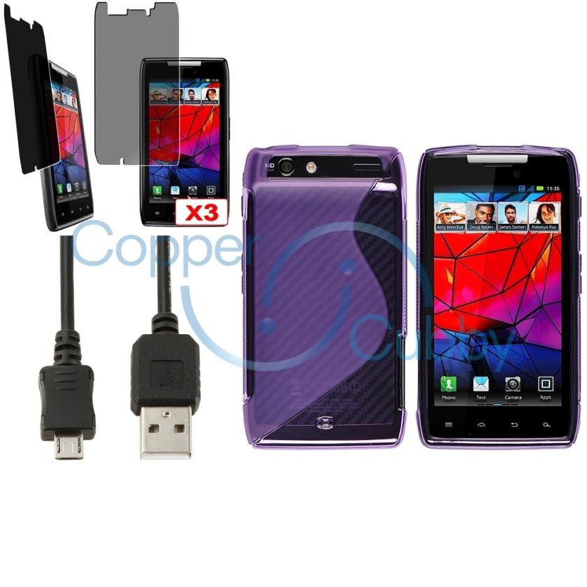 Purple TPU Gel Skin+3x Privacy Filter+Data cable For Motorola Droid 